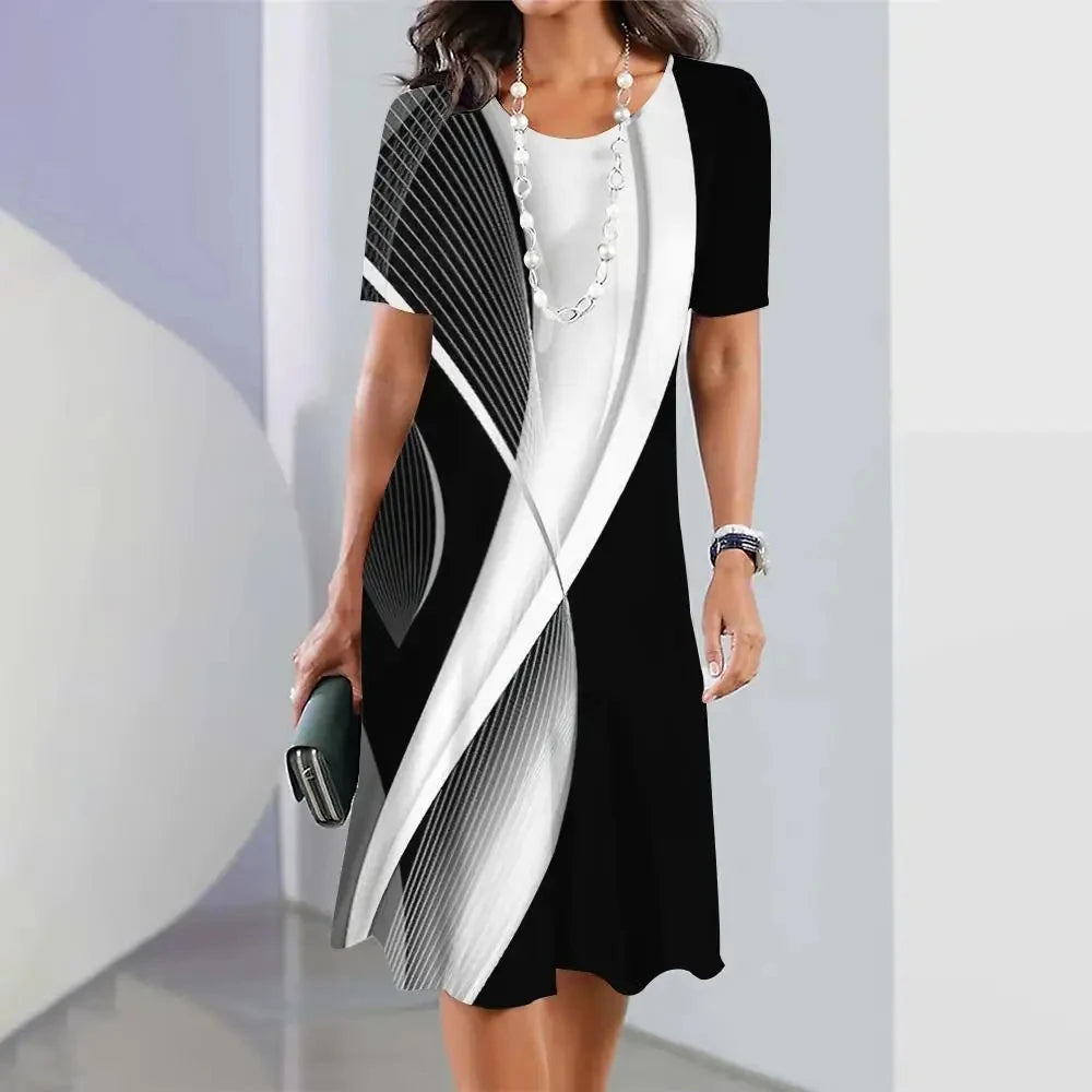 New Women's Dresses Striped Printed Elegant Casual O Neck Short Sleeve Summer Dresses Fashion Ladies Plus Size Clothing Vestidos