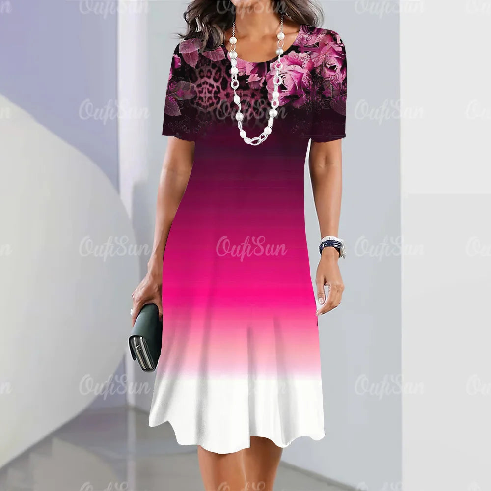 New Women's Dresses Striped Printed Elegant Casual O Neck Short Sleeve Summer Dresses Fashion Ladies Plus Size Clothing Vestidos