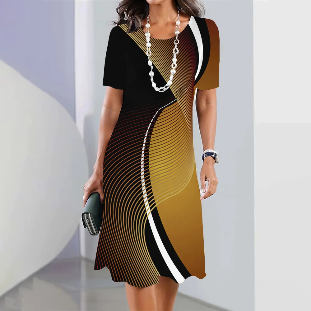 New Women's Dresses Striped Printed Elegant Casual O Neck Short Sleeve Summer Dresses Fashion Ladies Plus Size Clothing Vestidos