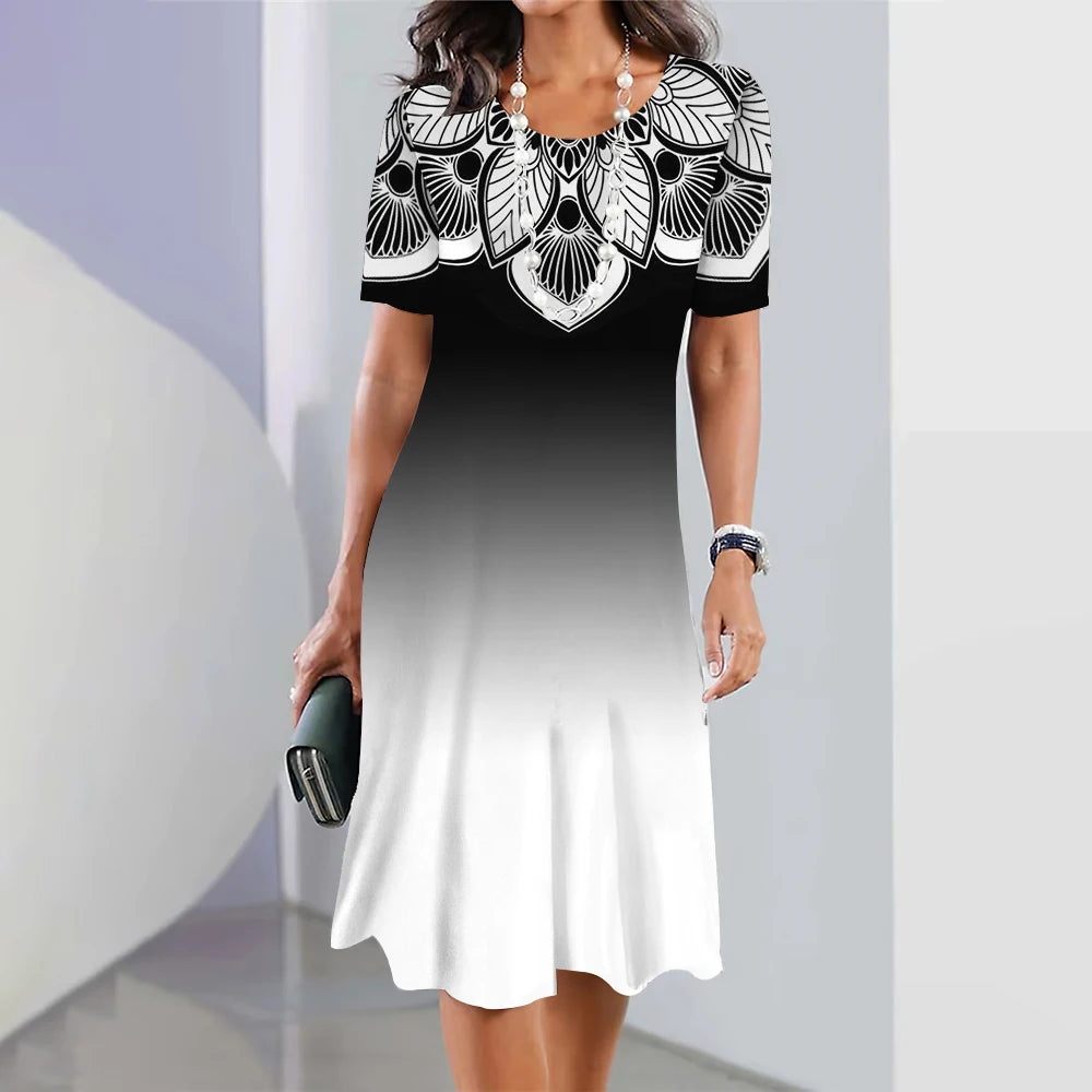 New Women's Dresses Striped Printed Elegant Casual O Neck Short Sleeve Summer Dresses Fashion Ladies Plus Size Clothing Vestidos