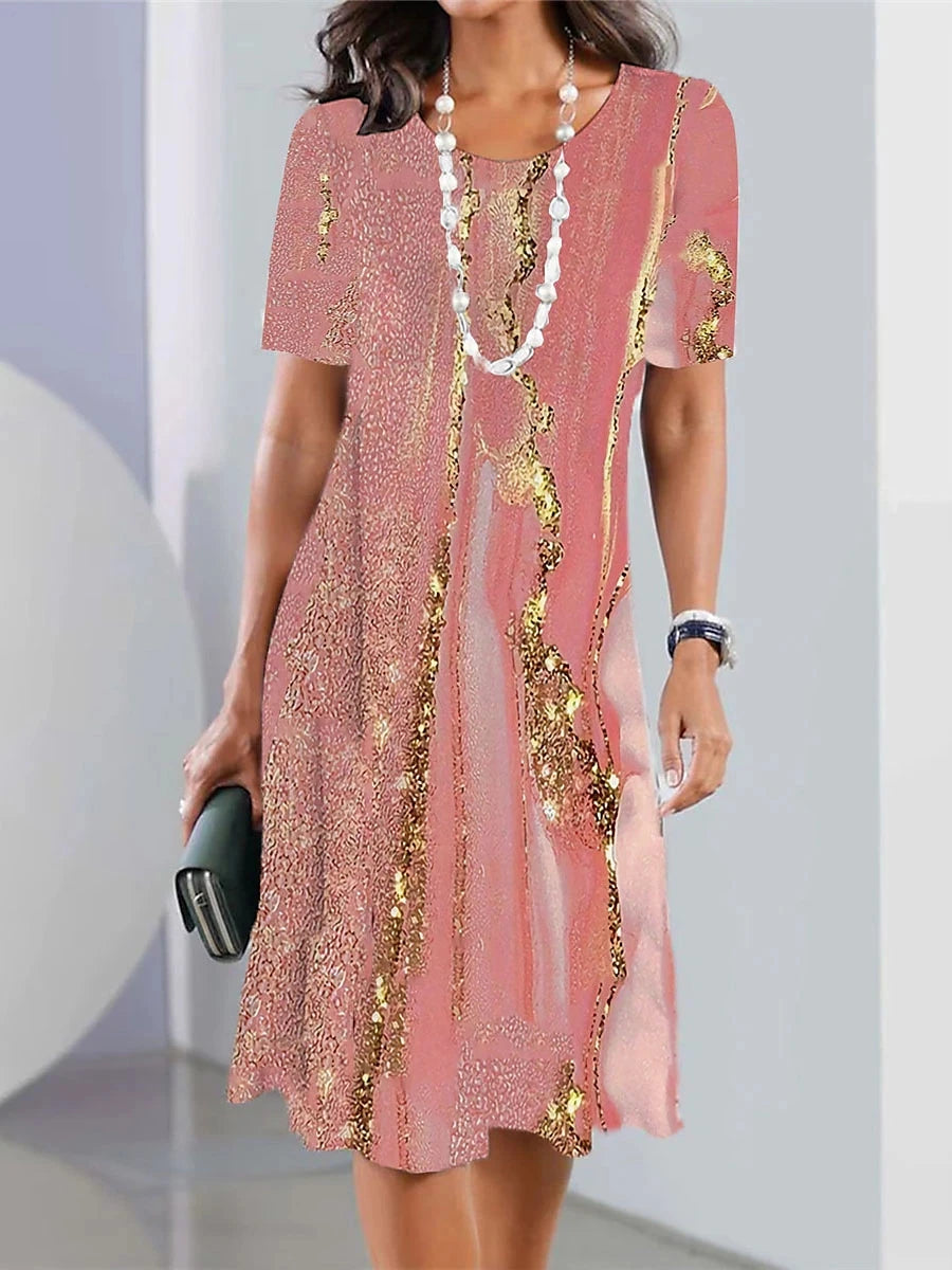 New Women's Dresses Striped Printed Elegant Casual O Neck Short Sleeve Summer Dresses Fashion Ladies Plus Size Clothing Vestidos