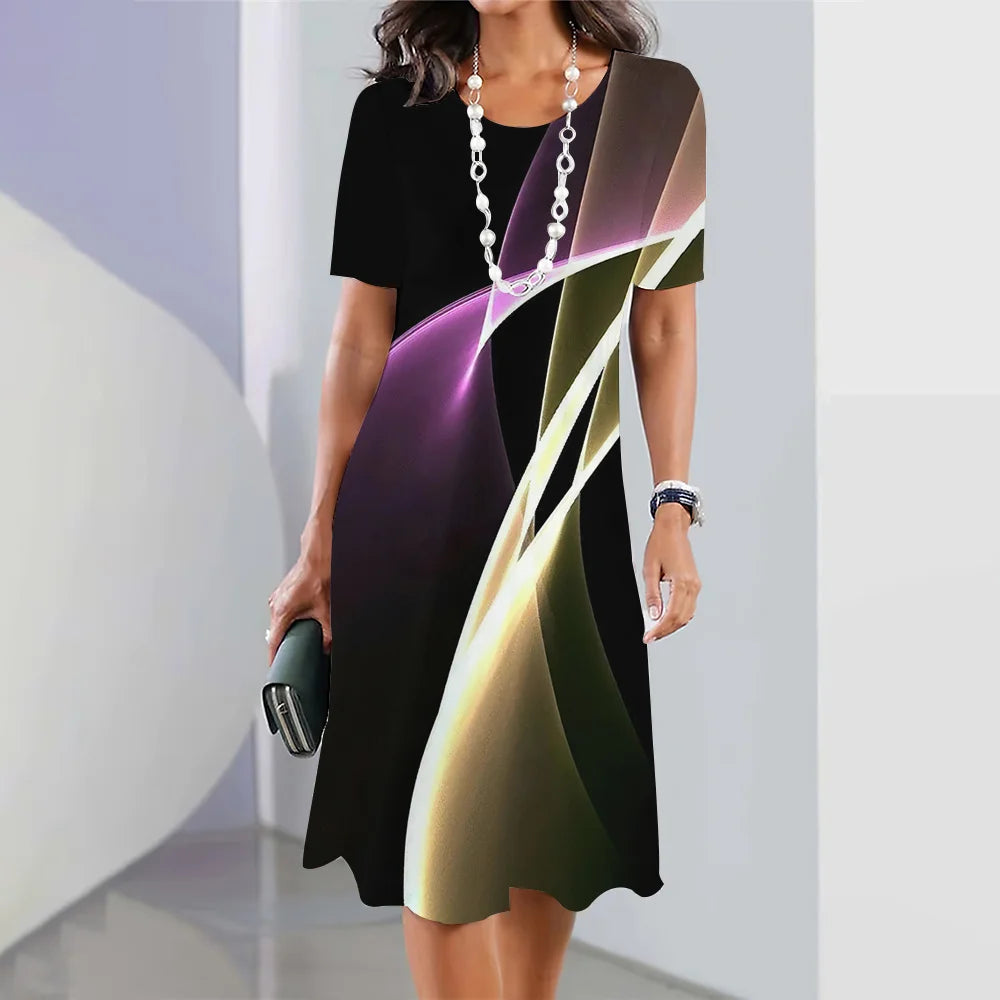 New Women's Dresses Striped Printed Elegant Casual O Neck Short Sleeve Summer Dresses Fashion Ladies Plus Size Clothing Vestidos