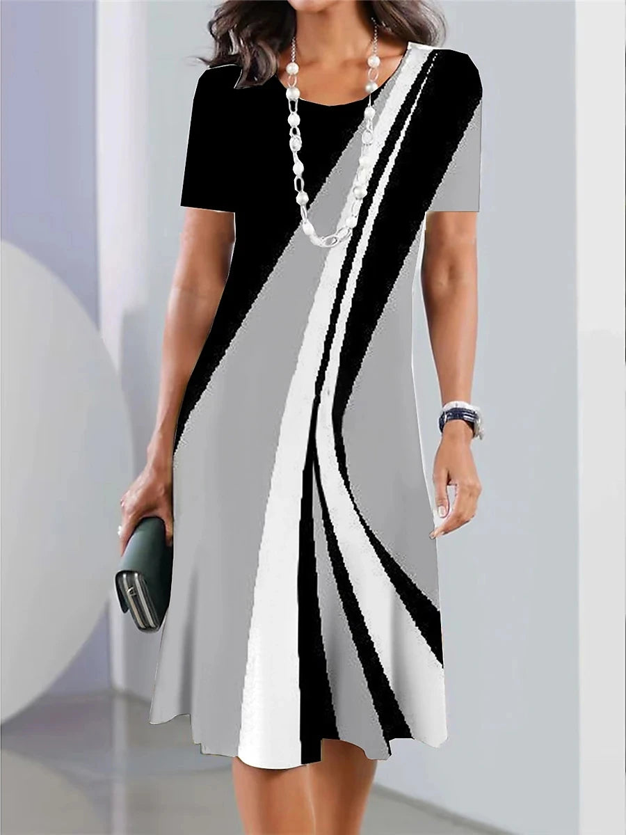 New Women's Dresses Striped Printed Elegant Casual O Neck Short Sleeve Summer Dresses Fashion Ladies Plus Size Clothing Vestidos