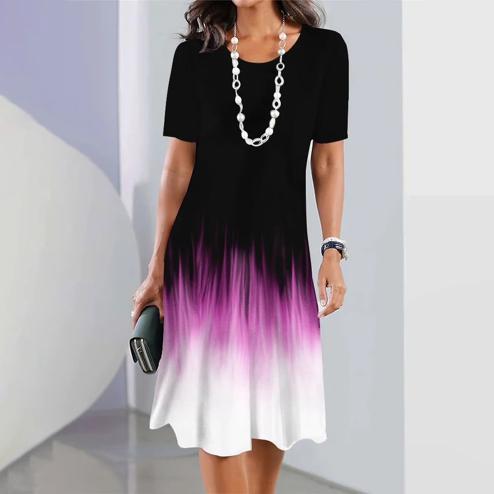 New Women's Dresses Striped Printed Elegant Casual O Neck Short Sleeve Summer Dresses Fashion Ladies Plus Size Clothing Vestidos