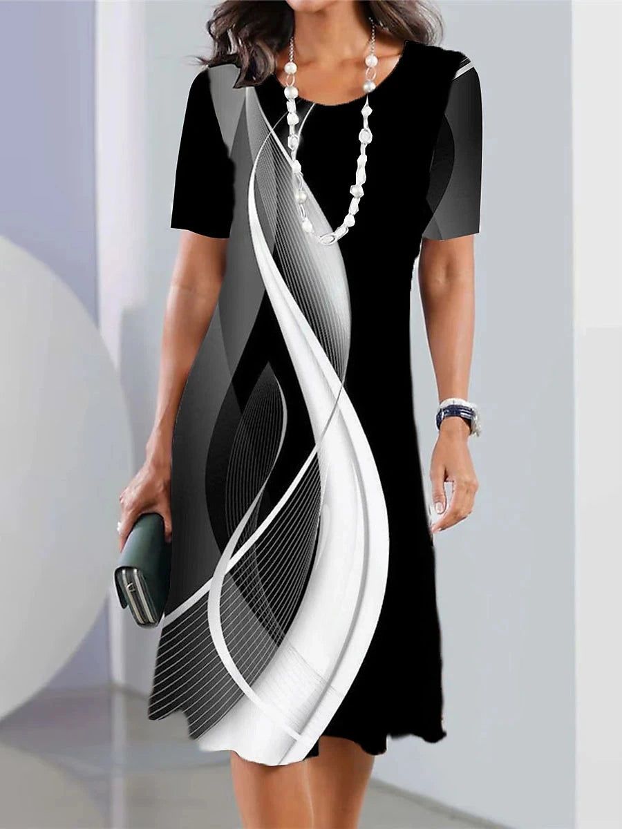 New Women's Dresses Striped Printed Elegant Casual O Neck Short Sleeve Summer Dresses Fashion Ladies Plus Size Clothing Vestidos