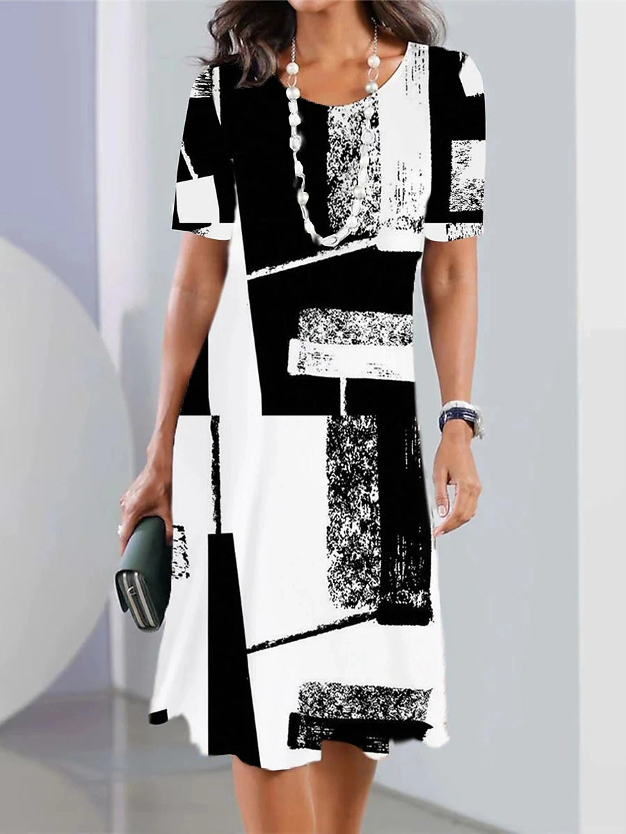 New Women's Dresses Striped Printed Elegant Casual O Neck Short Sleeve Summer Dresses Fashion Ladies Plus Size Clothing Vestidos